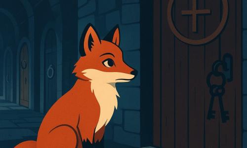Fino, ein junger roter Fuchs mit dichtem Fell und neugierigen haselnussbraunen Augen, sitzt wachsam auf einer Steinstufe mit eingekringeltem Schwanz, die Haltung gerade, leicht aufgerichtetes Fell, entschlossener, ruhiger Blick; rechts eine massive dunkle Holztür mit eingraviertem Kreis, daneben ein alter Schlüsselbund aus schwarzem Knochen, ein Schlüssel steckt im Schloss, links im Hintergrund ein langer steinerner Flur mit mehreren Türen, jede mit anderem Klopfer (Metallring, Eisenklaue, Messingauge) und kleinen Rissen, aus denen kaltes Licht schimmert, einige Türen geben zitternde graue Schatten frei; hinter einer trüben Scheibe nahe der großen Tür deutet ein dünner, tintenartiger Schatten auf eine zurückweichende, scheue Silhouette; der Boden ist mit kalten Platten und dunklem Moos gesprenkelt, das Licht kommt diffus von oben und wirft lange klare Schatten, die Stimmung ist beunruhigend aber kontrolliert in Blaugrau- und Tiefbrauntönen mit leuchtenden Rotakzenten am Fuchs, klare Texturen, einfache Konturen und gut lesbare Formen im plakatischen Farbfeldstil, Komposition fokussiert auf den Blickaustausch zwischen Fuchs und verschlossener Tür.