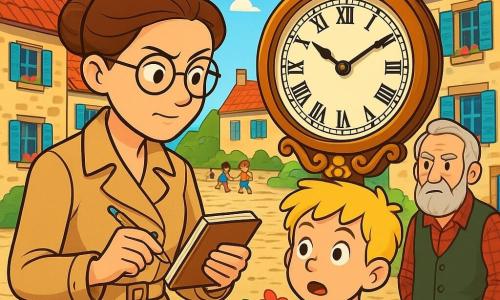 Een vrouwelijke detective, inspecteur Mara, staat centraal in de afbeelding. Ze heeft bruin haar dat in een nette knot is gestoken, draagt een beige trenchcoat en ronde bril die haar een slimme en vastberaden uitstraling geven. Haar gezicht toont concentratie en nieuwsgierigheid, met licht gefronste wenkbrauwen en een subtiele glimlach. Ze houdt een notitieboekje in de ene hand en een pen in de andere, terwijl ze aandachtig naar een oude klok kijkt. Naast haar staat een tienjarige jongen, Bram, met tousled blond haar en een kleurrijk T-shirt. Hij kijkt met grote ogen naar Mara, terwijl hij een klein stukje papier in zijn hand houdt, zichtbaar nerveus maar enthousiast. Iets verderop staat een oudere man, de kluizenaar, met grijs haar en een verzorgde baard. Hij draagt een flanellen shirt en een vest, en kijkt bezorgd naar de scène, met zijn handen in de zakken van zijn broek. De scène speelt zich af op een pittoresk dorpsplein, omringd door stenen huizen met kleurrijke luiken. In het midden trekt een grote houten klok met gouden versieringen de aandacht, omringd door kleurrijke bloemen. De lucht is blauw met enkele witte wolken, en kinderen spelen in de verte, wat leven aan de omgeving toevoegt. Mara onderzoekt de klok op zoek naar aanwijzingen over de verdwijning van de sleutel, terwijl Bram het stukje papier laat zien dat hij heeft gevonden, en de kluizenaar lijkt bezorgd over de gebeurtenissen.
