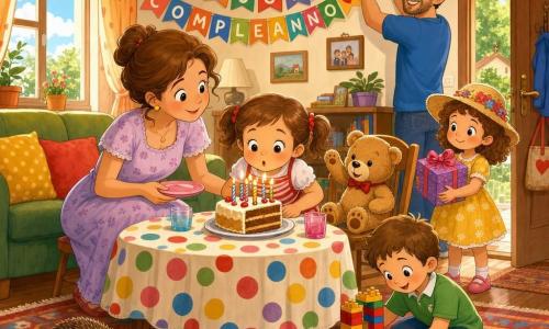 Sofia, bambina di 4 anni dal viso rotondo e occhi brillanti, capelli castani a codini, sorriso gioioso, indossa un grembiule a righe bianche e rosse e soffia le candeline su una fetta di torta; la mamma, donna adulta con capelli castani raccolti e abito pastello, tiene un piattino accanto al tavolo a sinistra con sguardo tenero e postura protettiva; il papà, uomo adulto con barba corta e maglietta blu, sistema ghirlande colorate dietro il tavolo a destra, sorridente e occupato; Viola, bambina di circa 4 anni con cappellino a fiori e vestito giallo, tiene un regalo con grande fiocco vicino alla porta, curiosa, in piedi accanto a Tommaso; Tommaso, bambino di circa 5 anni con capelli corti e polo verde, accovacciato sul tappeto davanti al tavolo con mattoncini giocattolo, guarda la torre; Pepe, piccolo orsacchiotto marrone chiaro seduto su una sedia vicino a Sofia, zampa alzata come per applaudire; il ricciolino, minuscolo riccio dal pelo bruno con un fiocchetto azzurro, sul tappeto vicino alla porta a fiutare una briciola; salotto caldo e luminoso con tavolino coperto da tovaglia a pois colorati, palloncini rossi, verdi e gialli al soffitto, ghirlande dorate, tappeto a motivi e finestre con raggi di sole; scena di festa allegra: Sofia soffia le candeline al centro del tavolo mentre famiglia e amici applaudono, decorazioni festose, espressioni felici, colori vivaci e texture morbide, stile infantile semplice e leggibile.