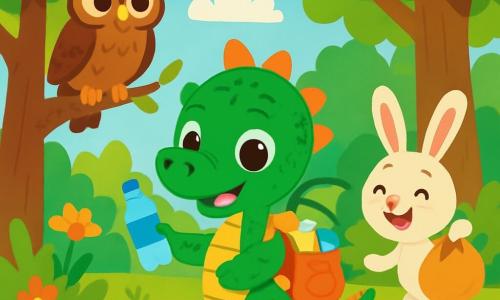 Un piccolo drago verde di nome Bruno, con scaglie brillanti e grandi occhi scintillanti, sorride allegramente mentre raccoglie rifiuti in una foresta soleggiata. Le sue delicate ali sono spiegate e porta uno zainetto pieno di rifiuti colorati. Accanto a lui, una saggia civetta di nome Clara, con piumaggio marrone e occhi rotondi e curiosi, osserva attentamente con un'espressione determinata. Si trova appollaiata su un ramo basso, pronta a dare consigli. Un allegro coniglio di nome Leo, con grandi orecchie e pelliccia bianca, salta intorno a loro ridendo e tenendo un sacco pieno di rifiuti. La scena si svolge in una foresta lussureggiante, con alberi alti e foglie verdi brillanti, fiori colorati ovunque e un cielo blu chiaro punteggiato di nuvole bianche e soffici. Bruno, Clara e Leo lavorano insieme per pulire la foresta, raccogliendo bottiglie e carta, mentre ridono e si incoraggiano, mostrando l'importanza di prendersi cura della natura.