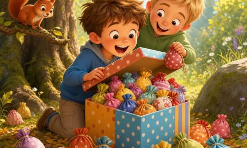 Il protagonista è un bambino di 8 anni, capelli castani arruffati e lentiggini, inginocchiato davanti a una grande scatola colorata che solleva con stupore; il fratello gemello, altro bambino di 8 anni, biondo e malizioso, si china sopra la spalla con un sacchetto a pois; uno scoiattolo rosso è su un ramo basso a sinistra a osservare; la scena è una radura soleggiata ai piedi di un nocciolo, con foglie dorate a terra, un grosso masso grigio muschioso a destra e prato punteggiato di fiori; intorno ai bambini sono sparsi piccoli sacchetti di stoffa colorati (pois, righe, motivi animaletti) come coriandoli, texture e cuciture visibili; il coperchio sollevato rivela una montagna di mini-sacchetti gioiosi, luce dorata soffusa tra i rami, espressioni di riso e sorpresa; palette calda e vivace (gialli, verdi, rossi, azzurri pastello), contrasti morbidi, ombre leggere, stile grafico netto con forme arrotondate e dettagli tessili visibili.