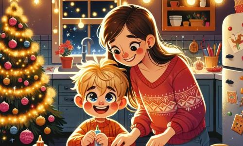 Ein kleiner Junge von 3 Jahren, Max, mit zerzausten blonden Haaren und strahlenden Augen, bastelt an einem großen bunten Weihnachtsstern. Er lächelt breit, seine rosigen Wangen verraten seine Aufregung, während er mit Filzstiften und glitzerndem Papier an einem Holztisch arbeitet. Seine Mutter, eine etwa 30-jährige Frau mit langen braunen Haaren und einem festlichen roten Pullover, steht ihm zur Seite und ermutigt ihn mit einem warmen Lächeln. Sie hält eine Tube Kleber in der Hand, bereit, ihm beim Abschluss des Projekts zu helfen. Die Szene spielt in einer gemütlichen Küche, dekoriert mit Lichtern und Weihnachtsplätzchen auf der Theke. Ein großer, beleuchteter Weihnachtsbaum mit bunten Kugeln steht in einer Ecke und verleiht der Atmosphäre einen magischen Touch. Max versteckt seinen Weihnachtsstern im Kühlschrank und lacht über die Überraschung, die er für seine Eltern vorbereitet. Die Stimmung ist fröhlich und festlich, erfüllt von lebhaften Farben und funkelndem Licht, das die Magie von Weihnachten hervorruft.