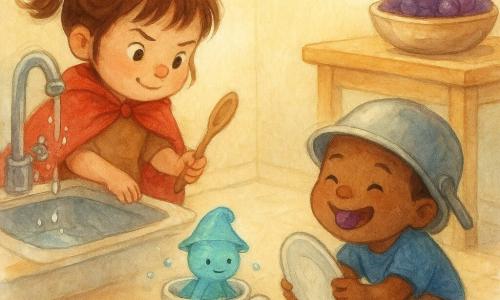 Three characters in a warm kitchen with a slightly reflective lino floor: Mia, a 4-year-old girl on the left in a crumpled red cape and pigtails, taps the sink rim with a wooden spoon like a wand, concentrated and mischievous; Ben, a 4-year-old boy on the right wearing a pot lid as a helmet and crouching with a small plate as a shield, laughs with a grape in his mouth; and a tiny water sprite, no human age, with a soaked soft hat and translucent blue-green sheen, nestles in a white ceramic cup by the drain smiling. They protect the 