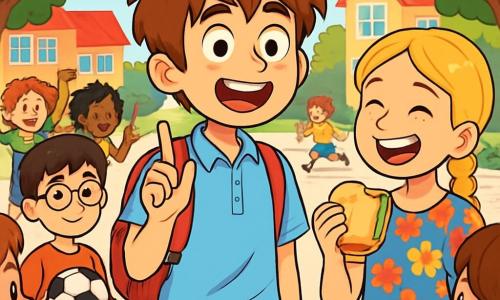 A 12-year-old boy named Oliver, with messy brown hair and curious bright eyes, stands at the center of the scene, a wide smile on his face, showing his excitement and nervousness. He wears a light blue school uniform with a red backpack on his shoulder. Next to him is a 12-year-old girl, Emma, with braided blonde hair in a colorful floral dress, laughing joyfully while holding a sandwich. A 12-year-old boy, Lucas, with round glasses and black hair, stands slightly back, smiling and holding a soccer ball, ready to play. The scene takes place in a lively schoolyard, surrounded by tall trees with bright green leaves and colorful school buildings in the background. Children play and laugh around them, creating a joyful and welcoming atmosphere. Oliver and his friends are playing a game of "Two Truths and a Lie," sharing funny anecdotes, surrounded by curious classmates who listen attentively, creating a moment of connection and camaraderie.