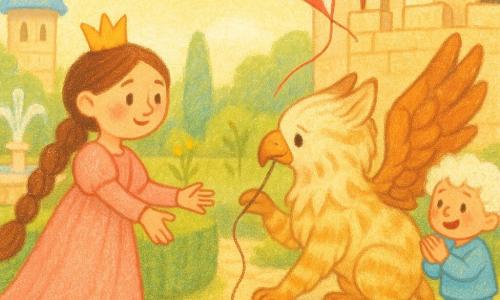 Princess Mina, a round-faced smiling girl with a long brown braid, wearing a dusty pink dress and bell-adorned shoes, reaches out to help; the shy pony-sized griffon Puddle, cream and honey-striped with caramel eagle wings, trembles but carefully tugs a string to free a red-and-white kite tangled with a red flag atop a tall turret. A cloud-haired six-year-old boy in sky-blue clothes applauds below. The bright castle garden has cream stone walls, a sparkling fountain, mint-green hedges, yellow flowers and blue candy roofs, bathed in golden morning light and a gentle, slightly comic breeze.