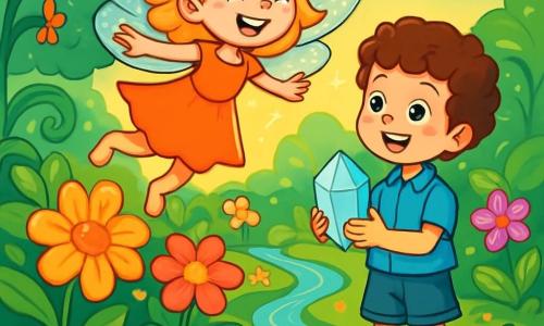 A small fairy named Luna, with shimmering wings like dewdrops, joyfully flies above an enchanted garden. Her face is lit up by a broad smile, her eyes sparkle with excitement, and her golden hair floats around her like rays of sunlight. Next to her, Oliver, a ten-year-old boy with curly hair and sparkling eyes, watches in awe the beauty of the colorful flowers blooming around them. He wears a blue shirt and denim shorts, holding a shining crystal in his hands. The garden is a magical place, filled with brightly colored flowers, sparkling vines, and clear streams winding between patches of greenery. Colorful butterflies dance in the air, adding to the fairy atmosphere. The main scene shows Luna and Oliver celebrating the return of magic to the garden, with flowers blooming around them, illuminated by a soft golden light.