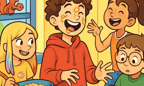 There are 4 children: - Max: a 12-year-old boy, tall and slim, with messy curly hair wearing a red hoodie. He is in the center, laughing out loud after getting cookie dough on his face. - Lily: a 12-year-old girl with long blonde hair and colorful highlights, wearing a t-shirt with cake designs. She is on the left, holding a bowl of cookie dough with a mischievous smile. - Theo: a 12-year-old boy, small and round, with glasses that magnify his curious eyes. He is on the right, holding an electronic gadget, watching the scene with a focused expression. - Mia: a 12-year-old girl, athletic with brown hair in a ponytail, wearing a sports jersey. She is behind Max, laughing while trying to catch a flying cookie. The setting is a sunny kitchen with bright yellow walls and open windows letting in light. Scattered ingredients like flour, chocolate chips, and colorful bowls create a cheerful and chaotic atmosphere. The main scene shows the children joyfully preparing cookies, while a curious little squirrel watches from the windowsill, holding a cookie in its paws.