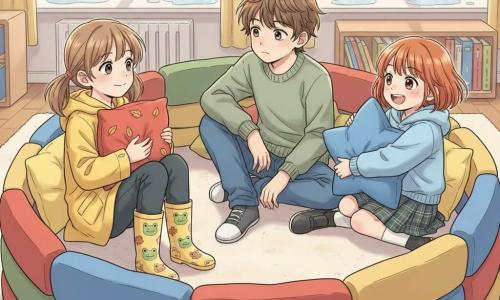 Three friends in a cozy school playroom: Mia, 8, with light brown hair in two braids, wearing a bright yellow raincoat and frog rainboots, sits left in a round cushion fort holding a red pillow decorated with gold leaves and smiling gently; Oliver, 9, with messy brown hair, sage green sweater and jeans, sits center, leaning forward with a thoughtful but calm expression, holding the hand of a shy girl and looking out through a gap in the cushions; Sophie, 8, with short red hair and bangs, wearing a sky-blue sweatshirt and plaid skirt, sits right laughing and hugging a large blue star-shaped cushion while nudging another pillow to reinforce the fort. The bright, warm playroom has a cream rug, large rain-speckled windows showing autumn leaves and small puddles on the sill, stacks of books and light wood shelves in the background, and soft afternoon light creating a comforting, supportive atmosphere.