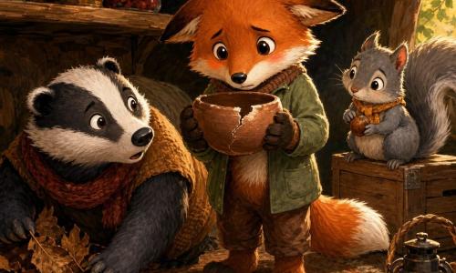 A young red fox (main character) with slightly drooping ears, large bright eyes and slightly flushed cheeks carefully holds a cracked clay bowl against his chest. A plump calm brown-and-white badger named Hazel crouches left, sorting dry leaves and looking at the fox with gentle surprise. A small grey squirrel called Pip perches on a crate to the right, head tilted, holding a hazelnut and watching the cracked bowl with curiosity. The warm den interior has dark wooden floors, a woven rug, shelves of jars with red berries and golden oil lamps, warm light falling diagonally. The scene centers on the clay bowl with a clear crack and a small chip on the rim, a quiet tension between the animals in the moment just after it slipped, emphasizing their expressions and the gleaming fissure.