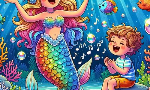 Een blije zeemeermin met glinsterende schubben in regenboogkleuren en lange golvende haren zwemt in een sprankelende zee. Haar gezicht straalt van geluk terwijl ze zingt met een zachte, melodieuze stem, omringd door kleurrijke bubbels die om haar heen dansen. Naast haar zit een 8-jarig jongetje, genaamd Wobbel, met krullend haar en een stralende glimlach, die de zeemeermin met verwondering observeert. Hij draagt een gestreept t-shirt en een kleurrijke short, en zit op een rots met zijn voeten in het water, klaar om te applaudisseren voor de mooie melodie. Achter hen ontvouwt zich een betoverend onderwaterlandschap: kleurrijke koralen, vrolijk zwemmende vissen met heldere patronen, en zonnestralen die door het wateroppervlak filteren, waardoor een magisch lichtspel ontstaat. De hoofdscène toont de zeemeermin die met passie zingt, terwijl Wobbel, gefascineerd, applaudisseert en lacht, omringd door zeedieren die op de maat van het lied dansen, wat een sfeer van vreugde en vriendschap creëert.