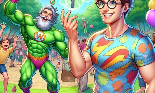 Een man genaamd Wobbel, in zijn dertig, met rommelig bruin haar en ronde brillen, glimlacht verwonderd terwijl hij een zwevende lepel aanraakt. Hij draagt een kleurrijk t-shirt met een superheldenafbeelding en een spijkerbroek. Naast hem springt Super Sprong, een gespierde man van in de twintig in een felgroen kostuum met een grote "S" op de borst, vrolijk omhoog, klaar om een bal te vangen die de lucht in stijgt. Iets verderop gebruikt Meneer Magneto, een man van in de veertig met een grijze baard en een zilveren outfit, zijn magneten om zwevende voorwerpen aan te trekken, met een trotse glimlach. De scène speelt zich af in een zonnig park vol groene bomen, kleurrijke bloemen en kindergelach. Multikleurige ballonnen zweven rond en creëren een feestelijke sfeer. Wobbel probeert met zijn nieuwe vrienden zijn vermogen om voorwerpen te laten zweven te beheersen, terwijl Super Sprong en Meneer Magneto hem helpen de dingen te vangen die wegvliegen, wat een grappige situatie verandert in een moment van gezamenlijke vreugde.