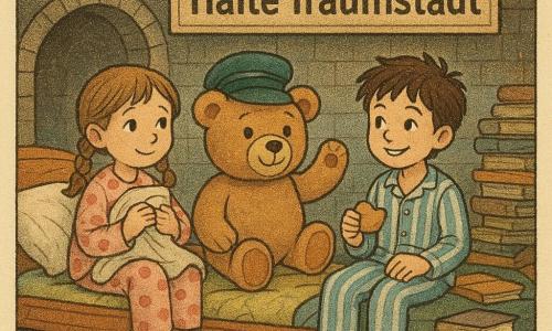 Es gibt drei Figuren: Lilli, ca. 6 Jahre, hellbraune Haare zu zwei Zöpfen, rosa gepunkteter Schlafanzug, sitzt links auf einem Bett-wagen und hält eine kleine Decke; Jonas, ca. 7 Jahre, braune zerzauste Haare, blau-weiß gestreifter Schlafanzug, sitzt rechts, hält einen halben Keks und lächelt; dazwischen ein kissengroßer hellbrauner Teddybär mit grüner Bahnhofsvorstehermütze, der wie zum Gruß wirkt. Schauplatz: ein Bahnsteig aus großen aufgestapelten Kissen und Bücherstapeln, ein weicher Teppich wie Gras, Badeenten-Laternen an der Decke, eine Lichterkette mit warmen gelben Glühbirnen und im Hintergrund eine geflieste Tür als Tunnel. Situation: Der Bett-wagen hält an der Halte Traumstadt, die Kinder steigen auf den Kissenbahnsteig, Krümel auf den Pyjamas, warme diffuse Beleuchtung, gemütliche, fröhliche Atmosphäre; sichtbare Details: goldene Krümel, weiche Plüschtexturen, Stofffalten und Lichtreflexe auf den Buchseiten.