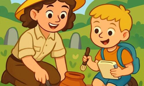 Dr. Penny, a smiling woman with curly brown hair, wears a bright yellow sun hat and a beige blouse. She is crouched down, her face lit up with excitement, delicately unearthing an ancient terracotta pot with her small trowel. Next to her, an 8-year-old boy, her assistant, with blonde hair and sparkling eyes, watches with curiosity, holding a brush and a notebook. They are on a lush archaeological site, surrounded by rolling hills, colorful wildflowers, and large stones arranged in a circle. The scene depicts Dr. Penny discovering hidden treasure, while the boy, amazed, takes notes on their findings, filled with enthusiasm for the archaeological adventure.
