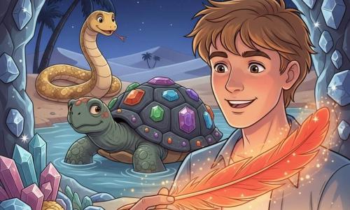 A young man (about 18) with an open face and messy light brown hair, amazed and brave with a slight smile, delicately holds a glowing red-orange phoenix feather emitting a warm glow and golden sparks; behind him a giant guardian turtle (non-human) emerges from the oasis, its gem-studded shell sparkling and bearing a wise, benevolent expression as it watches a few steps to his left; a sand serpent (non-human) coils on a dune in the background with shimmering golden scales and a playful, friendly gaze; the hidden cave opens onto a night oasis with crystal walls reflecting thousands of prisms, piles of gold coins and jewels on the ground, dark palms against a starry sky and silver dunes in the distance; the hero has just found the legendary feather in an open chest, the feather lights his face and casts red-gold reflections on the crystals and turtle shell; magical, warm, triumphant atmosphere, saturated colors, strong contrasts, ligne claire style with soft textures and rounded contours for a 1990s childlike look.