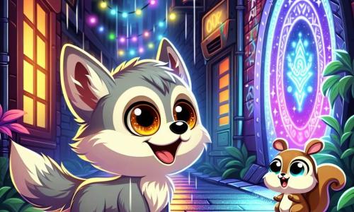 An illustration depicts a small silver-furred wolf with large, curious amber eyes, standing in the center of a dark, colorful alley, amazed by a shimmering portal in front of him, his ears perked and tail wagging with excitement. Beside him, a small light brown squirrel with a bushy tail and bright eyes jumps joyfully, wearing a wide smile, eager to explore and looking at the wolf with overflowing energy. The scene takes place in a narrow alley of Silverpine, where walls are covered in colorful graffiti and neon lights create a magical atmosphere, with raindrops glistening on the ground, reflecting the bright lights. The main focus shows the wolf and squirrel discovering a mysterious portal leading to a fantastical world, their expressions a mix of wonder and anticipation. Additional graphic elements include bursts of light from the portal, swirling leaves in the air, and shadows of fantastical creatures on the walls, adding a touch of mystery and adventure to the illustration.