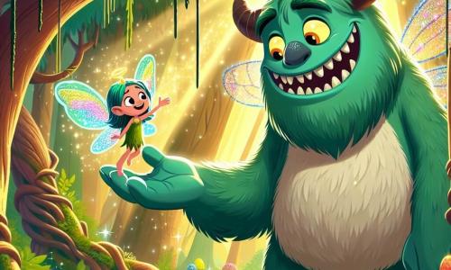 En el centro de la imagen, un gran monstruo llamado Gruff, con escamas verdes brillantes, ojos amarillos centelleantes y dientes blancos, sonríe cálidamente. Está extendiendo la mano para ayudar a una pequeña hada llamada Flara, que tiene alas coloridas y un rostro alegre, mientras es liberada de ramas entrelazadas. Flara, una pequeña criatura de unos 10 años, está rodeada de luz mágica, con su cabello flotando en el aire. Al fondo, la escena se desarrolla en la Selva Encantada, un bosque exuberante lleno de árboles gigantes, flores vibrantes y lianas. Rayos de sol atraviesan el denso follaje, creando una atmósfera mágica y cálida. La situación principal muestra a Gruff, el monstruo de gran corazón, ayudando a Flara, la heroína del bosque, a escapar de su trampa, simbolizando la amistad y el valor en un mundo lleno de magia y aventuras.