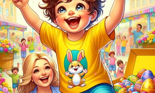 Un niño de 4 años llamado Lucas, con cabello castaño desordenado y ojos brillantes de alegría, está saltando de felicidad frente a una gran caja decorada con cintas coloridas. Lleva una camiseta amarilla brillante con un pequeño conejo dibujado y un pantalón corto azul. A su lado, su mamá, una mujer sonriente de unos 30 años, con cabello largo y rubio, lo anima levantando los brazos, llena de entusiasmo. Al fondo, se ve un gran mercado de Pascua, lleno de puestos coloridos con huevos decorados, flores brillantes y niños que juegan y ríen. La escena transmite una atmósfera festiva y alegre, con globos flotantes y guirnaldas de colores vivos. Lucas, con los ojos brillantes de emoción, acaba de descubrir el famoso huevo de Pascua dorado, símbolo de magia y sorpresas, en medio de esta animada fiesta.