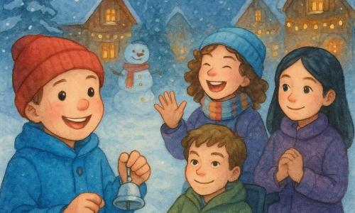 Ci sono quattro bambini: Leo, ~9 anni, viso rotondo, guance molto rosate, berretto rosso e cappotto blu brillante, in primo piano a sinistra che agita un piccolo campanellino d'argento sorridendo; Sara, ~9 anni, capelli castani ricci, berretto azzurro e sciarpa a righe, a destra di Leo che ride imitando il canto di un uccello; Mattia, ~10 anni, capelli castano chiaro, giacca verde, seduto su una sedia a rotelle centro-sinistra che agita un campanellino e guarda gli amici con malizia; Viola, ~9 anni, capelli neri lisci, cappotto viola, leggermente dietro Mattia a centro-destra, mani giunte e sorriso dolce. Ambientazione: una piccola piazza di paese sotto neve fresca, case di legno con tetti innevati, finestre decorate da ghirlande di luci dorate e un grande pupazzo di neve sullo sfondo; rami di abete imbiancati, tracce di passi nella neve e un fuoco lontano che diffonde una luce aranciata. Situazione: i quattro tornano al villaggio facendo tintinnare campanellini d'argento che richiamano gli abitanti fuori dalle case; atmosfera gioiosa e calda, risate sui volti, colori tenui e texture acquerellate, luce fredda notturna contrastata dalle luci calde delle lampade e del fuoco.