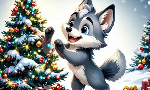 Un pequeño lobo llamado Lulú, con un pelaje suave y gris, ojos brillantes de alegría y una gran sonrisa, está decorando un hermoso árbol de Navidad. Sostiene una guirnalda colorida en sus patas, irradiando emoción y felicidad. A su lado, su mejor amiga Lía, una pequeña loba de pelaje marrón claro y ojos brillantes, salta de alegría sosteniendo una estrella dorada para colocar en la cima del árbol. Ella tiene una sonrisa radiante y parece llena de energía, lista para celebrar. El escenario es un cálido orfanato, con paredes de madera y ventanas iluminadas por luces centelleantes. El suelo está cubierto de nieve, y copos caen suavemente afuera, creando una atmósfera mágica. La escena principal muestra a Lulú y Lía, rodeados de decoraciones coloridas, riendo y compartiendo momentos alegres, ilustrando el espíritu navideño y la amistad en un entorno encantador.