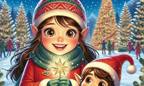 Una niña de 9 años, Clara, con largos cabellos castaños y ojos llenos de curiosidad, se encuentra en el centro de la escena, sonriendo y llena de entusiasmo. Lleva un abrigo rojo brillante, una bufanda de lana y guantes a juego, sosteniendo una estrella dorada brillante en sus manos. A su lado está Tico, un pequeño duende de piel verde y orejas puntiagudas, que parece un niño a pesar de tener alrededor de 100 años en años de duende. Tiene una gran sonrisa y lleva un sombrero puntiagudo adornado con cascabeles, saltando de alegría junto a Clara. El escenario es un hermoso parque nevado, con majestuosos árboles cubiertos de nieve brillante, guirnaldas de luces colgadas en las ramas y un gran árbol de Navidad decorado que brilla a lo lejos. La escena representa a Clara y Tico celebrando la magia de la Navidad, con la luz de la estrella dorada iluminando sus rostros, listos para compartir la alegría de la fiesta con los habitantes del pueblo.