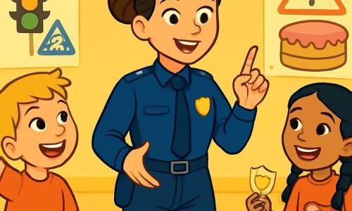 Eine lächelnde Polizistin mit braunen Haaren, die zu einem Dutt gebunden sind, steht im Mittelpunkt des Bildes in einer makellosen marineblauen Uniform. Sie hat funkelnde Augen vor Freude und einen entschlossenen Ausdruck, während sie den Kindern um sie herum etwas erklärt. Ein etwa 8-jähriger Junge mit blonden Haaren hebt begeistert die Hand, seine Augen glänzen vor Aufregung. Ein 9-jähriges Mädchen mit schwarzen Zöpfen hört aufmerksam zu, mit einem großen Lächeln im Gesicht, während es ein kleines Papierabzeichen hält. Die Szene spielt sich in einem hellen, bunten Gemeindezentrum ab, mit gelb gestrichenen Wänden und Verkehrssicherheitsplakaten. Bunte Kissen liegen im Kreis auf dem Boden, und Spielzeuge sind verstreut. Die Hauptsituation zeigt die Polizistin, die eine fesselnde Geschichte über einen Kuchendiebstahl erzählt, während die faszinierten Kinder sich die Abenteuer der Polizei vorstellen.