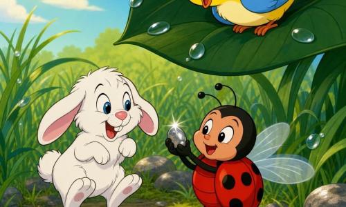 A small red ladybug with black spots, a round smiling face and bright eyes holds a sparkling pebble between its legs; a fluffy white rabbit with floppy ears jumps excitedly to its left while a yellow bird with cream belly and sky-blue wings perches on a large leaf above, singing and looking at the ladybug; they are in a soft green meadow with tall mossy grass, dark green leaves forming a canopy, smooth gray stones and dewdrops glinting in warm, joyful sunlight as the friends celebrate finding the pebble.