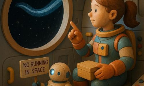 About 30-year-old woman with a gentle face and light brown ponytail, serene and amazed, sits facing a large round window and points toward the sky; she wears a simple colorful spacesuit, holds a small square sensor box on her lap, and beside her is Pip, a small round white-and-blue wooden companion robot with three wheels and a glowing eye holding a 