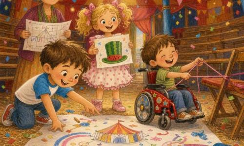 Há quatro personagens: Lucas, menino de 5 anos, cabelo castanho curto, sorriso maroto, à esquerda do grande papel no chão apontando para uma folha gigante cheia de desenhos e lápis coloridos; Dudu, menino de 5 anos, pele clara, cadeira de rodas vermelha com autocolantes, à direita do papel, amarrando uma longa corda rosa entre dois assentos rindo; Clarinha, menina cerca de 6 anos, cabelo loiro com fitas rosas, vestido leve de bolinhas, estilo cantora, atrás de Lucas e Dudu mostrando um desenho de um chapéu melancia; e Dona Zaíra, adulta, cabelo grisalho preso, rosto benevolente, observando a cena por trás com um pequeno plano satisfeito. Local: interior de uma grande tenda de circo colorida (lona listrada vermelha e amarela, postes de madeira azuis, arquibancadas de madeira curvas, iluminação quente, confetes e guirlandas, tapete redondo de palha). Situação: as crianças preparam um mapa de lugares para o espetáculo sobre uma grande folha branca no chão com nomes, setas, lápis e fitas multicoloridas formando arcos, em clima alegre com confetes caindo.