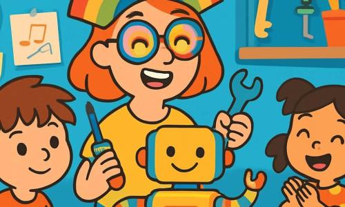 Clara, eine fröhliche Frau mit großen, bunten Brillen und einem Regenbogenhut, lächelt begeistert, während sie Werkzeuge in den Händen hält. Sie arbeitet an einem fröhlichen Roboter mit einem lächelnden Gesicht und bunten Armen. Neben ihr schaut Max, ein 7-jähriger Junge mit zerzausten braunen Haaren, bewundernd zu und hält eine Rolle Klebeband. Etwas weiter applaudiert Lena, ein 6-jähriges Mädchen mit Zöpfen und einem gepunkteten Kleid, aufgeregt und bereit zu helfen. Die Szene spielt sich in einer kleinen, bunten Werkstatt ab, die voller Gadgets, Roboterteile und Zeichnungen an den Wänden ist. Regale quellen über von Spielzeugen und glänzenden Werkzeugen und schaffen eine magische, kreative Atmosphäre. Clara, Max und Lena arbeiten fröhlich zusammen, um einen Roboter zu bauen, lachen und teilen Ideen, während der Roboter zum Leben erwacht, bereit zu singen und mit ihnen zu spielen.