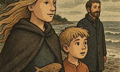 A woman named Solveig, with a serene and determined face, stands on a pebble beach, her long blonde hair blowing in the wind. She wears a thick woolen cape and holds a small wooden whale sculpture in her hand. Beside her, a twelve-year-old boy, Leif, with sandy-colored hair and curious eyes, gazes at the sea with a look of wonder. Behind them, a man named Eirik, in his thirties, stands at a respectful distance, dressed in a dark coat, watching the scene with a thoughtful smile. The beach is lined with sturdy pines, and the ocean stretches endlessly, its gray waves gently breaking on the shore. The sky is covered with low clouds, adding a dramatic atmosphere to the scene. The main focus is on Solveig and Leif sharing a moment of connection, symbolized by the small wooden whale, while Eirik in the background seems to reflect on his own choices.