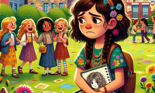 Uma menina de 10 anos, Sofia, com longos cabelos castanhos e óculos redondos, está no centro da imagem. Seu rosto expressa tristeza, com os olhos brilhando de lágrimas, enquanto segura um caderno de desenhos contra o peito. Ela usa uma camiseta colorida e um jeans, e seus sapatos estão ligeiramente desgastados, evidenciando suas muitas aventuras. À sua direita, sua melhor amiga Clara, também de 10 anos, com cabelos loiros e tranças, olha para Sofia com uma expressão de pena. Clara veste um vestido florido e sandálias, estendendo a mão para Sofia, como se a encorajasse a se levantar. Ao fundo, um grupo de meninas, liderado por Raquel, uma menina de 10 anos com cabelos negros e cacheados, está afastado, rindo e cochichando. Elas usam roupas coloridas e parecem ignorar a angústia de Sofia, criando um contraste com a emoção da cena. O local é um pátio escolar ensolarado, cercado por paredes pintadas de cores vivas, com árvores verdes e brinquedos infantis ao fundo. Desenhos de crianças estão pendurados em uma cerca, acrescentando um toque alegre ao ambiente. A situação principal mostra Sofia, isolada e triste, diante da hostilidade de suas colegas, enquanto Clara, sua melhor amiga, tenta oferecer apoio. A ilustração captura o momento delicado em que Sofia sente o peso do bullying, mas também a esperança de uma amizade que pode salvá-la.