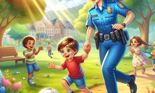 Sophie, een glimlachende vrouwelijke politieagent van ongeveer 29 jaar, draagt een helderblauw uniform met een veiligheidsgordel. Haar gezicht straalt enthousiasme uit terwijl ze met een groep kinderen in een zonnig park met een bal speelt. Onder de kinderen is Sam, een 8-jarig jongetje met rommelig bruin haar en een rode t-shirt. Hij lacht vrolijk terwijl hij probeert de bal te dribbelen die Sophie hem heeft toegespeeld. Een ander kind, een 7-jarig meisje met een mooie vlechten en een bloemenjurk, applaudisseert terwijl ze kijkt, met glinsterende ogen van bewondering. Het park is vol groen, met majestueuze bomen, kleurrijke bloemen en een stralende blauwe lucht. Gezinnen wandelen over de paden en kinderlachjes weerklinken in de lucht. De scène toont Sophie die Sam leert hoe hij met de bal moet spelen, wat de band tussen de politie en de gemeenschap illustreert, terwijl ze een boodschap van veiligheid en vriendschap overbrengt.