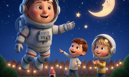 A smiling, amazed astronaut with a round face, big shiny eyes and a silver helmet in a blue-and-white spacesuit floats slightly while reaching for the stars; five-year-old Sam, short brown hair, delighted with mouth open, points at the sky and jumps beside a small red cardboard rocket, while six-year-old Timmy, blond, watches with admiration wearing an oversized plastic helmet and claps; setting: a safe, cozy nighttime garden with soft grass, a small wooden fence, warm string lights and a large smiling moon in a dark blue starry sky; main scene: a joyful, gentle moment of the astronaut showing the stars to the boys playing astronauts, with bright contrasting colors, rounded shapes, smooth textures, warm lighting, a clear centered composition for toddlers; no text, nonviolent, very cute and reassuring.