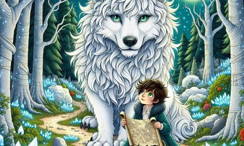 In the heart of an enchanted forest, a majestic werewolf stands, its shimmering white fur glowing under the moonlight. Its eyes shine with ancient wisdom and comforting gentleness as it kindly watches a curious ten-year-old boy, Oliver. With messy brown hair and sparkling green eyes, Oliver wears a floating blue coat and holds an ancient map, ready to explore. The scene unfolds in a magical clearing surrounded by silver-trunked trees and luminescent flowers that light up the ground with vibrant colors. Sparkling crystals are scattered around, reflecting the moonlight and creating a fairy-tale atmosphere. In this main situation, the werewolf, Luna, guides Oliver to a secret path, revealing the wonders of the mountain while teaching him lessons of courage and friendship.