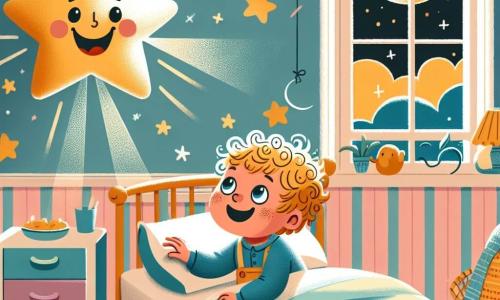 A one-year-old boy with curly blonde hair and big, curious eyes lies in his bed, a look of wonder on his face. He reaches out to a sparkling star floating above him, illuminating the room with a soft golden light. The star, with a smiling face and glimmers of light, appears lively and friendly, joyfully dancing in the air. The room is decorated with pastel walls featuring drawings of clouds and small animals, and an open window lets in the moonlight, adding a magical ambiance to the scene. The main focus is on the moment when Timmy, the little boy, meets the star in his bed, ready to embark on a nighttime adventure in search of the meaning of happiness.