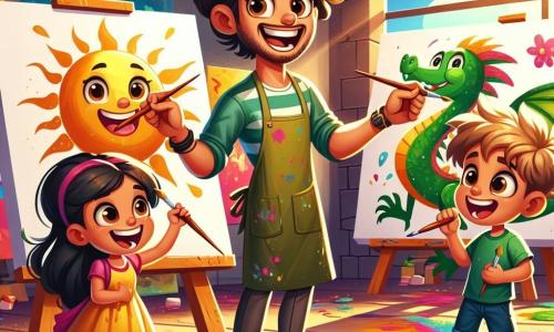 Um homem alto e sorridente, com cabelos cacheados e um avental de pintor colorido, está no centro do ateliê, cercado por potes de tinta brilhantes. Ele está mostrando às crianças como misturar as cores, seu rosto radiante de entusiasmo e paixão pela arte. À sua direita, uma menina de cerca de 7 anos, com longos cabelos castanhos e um vestido amarelo, pinta um grande sol em sua tela, seus olhos brilhando de alegria. À sua esquerda, um menino de 8 anos, com cabelos loiros bagunçados e uma camiseta verde, está concentrado em seu dragão verde, segurando o pincel com determinação. O ateliê está cheio de luz, com paredes cobertas de pinturas coloridas e pincéis espalhados sobre uma grande mesa de madeira. E respingos de tinta decoram o chão, acrescentando à atmosfera criativa. A cena principal mostra o artista e as crianças em plena sessão de pintura, cada um expressando sua criatividade, rindo e compartilhando ideias, em uma atmosfera alegre e inspiradora.