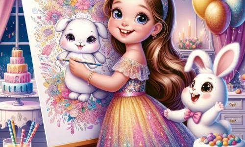 Una bambina di 4 anni, di nome Anna, con lunghi capelli castani e occhi scintillanti di gioia, indossa un vestito brillante e colorato. Sorride meravigliata, tenendo un grande disegno dei suoi desideri per il Capodanno. Accanto a lei, il suo migliore amico, Leo, un adorabile coniglietto bianco con grandi orecchie, salta felice, con gli occhi brillanti di eccitazione. La scena si svolge in una deliziosa stanza decorata per la festa di Capodanno, con palloncini colorati che fluttuano dal soffitto, festoni scintillanti e un tavolo pieno di deliziosi dolci e succhi di frutta. Anna e Leo ballano e giocano insieme, circondati da un'atmosfera festosa, piena di risate e felicità, pronti a celebrare l'arrivo del nuovo anno con sogni nella testa.