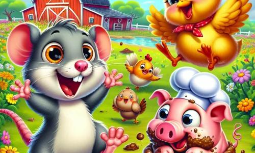 Um pequeno rato cinza chamado Rato, com grandes olhos brilhantes e um sorriso travesso, está no centro da cena, pulando de alegria com um pequeno chapéu de chef na cabeça. Ao seu lado, Gilda, uma galinha de penas douradas, está dançando enquanto segura um ovo no bico, seu rosto radiante de felicidade. Um pouco mais adiante, Pipo, um pequeno porquinho rosa, está coberto de lama, rindo alto enquanto tenta fazer um bolo de lama, suas patas cheias de terra. O cenário é uma fazenda colorida, com um grande celeiro vermelho ao fundo, campos verdes e flores vibrantes ao redor deles. A cena representa uma grande festa alegre onde os animais se divertem juntos, com comida espalhada e risadas no ar, ilustrando um momento de pura felicidade e camaradagem.