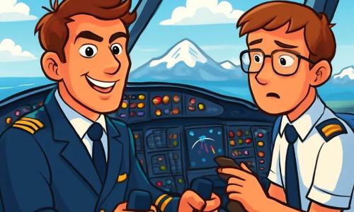 Un uomo, il Capitano Lorenzo Rossi, è seduto nella cabina di pilotaggio di un grande aereo di linea, con occhi scintillanti di determinazione e un sorriso sicuro. Indossa un elegante uniforme blu scuro con spalline dorate, i suoi capelli castani leggermente scompigliati dal vento. Accanto a lui, il suo copilota Marco, un giovane di circa 25 anni con capelli castani e occhiali, osserva attentamente gli strumenti di volo, mostrando un'espressione di eccitazione mista a un lieve stress. La cabina è piena di luci lampeggianti e strumenti complessi, con un grande oblò che offre una vista spettacolare su un cielo blu punteggiato di nuvole bianche. In lontananza si vedono montagne innevate e l'oceano scintillante, creando un'atmosfera di viaggio aereo. Lorenzo e Marco si preparano al decollo, con Lorenzo che tiene saldamente il volante, pronto a decollare verso una nuova avventura.