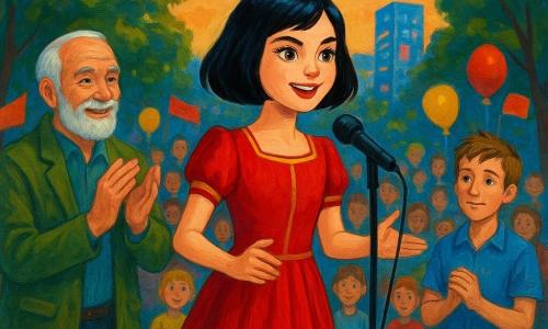 Blancanieves, joven, rostro luminoso, pelo negro corto, vestido moderno rojo carmín con detalles dorados, mirada decidida y sonrisa segura, de pie sobre una pequeña tarima hablando al micrófono; Doct, hombre de unos 60 años con barba blanca corta y chaqueta verde, a la izquierda aplaudiendo; Tímido, muchacho enano de aspecto de 30 años, bajo, pelo castaño claro desordenado y camisa azul, con las manos juntas detrás de Blancanieves a la derecha; parque urbano al crepúsculo con césped cuidado, árboles frondosos, banderolas multicolores, edificios de vidrio y neones en el horizonte; campaña pública alegre con niños y adultos, pancartas y globos, luz cálida sobre Blancanieves, ambiente dinámico y optimista.