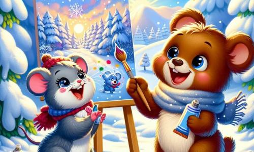 Ein kleiner brauner Bär namens Bruno, mit weichem und flauschigem Fell, lächelt fröhlich, während er eine Palette mit lebhaften Farben in seinen Pfoten hält. Er malt ein großes Bild einer Winterlandschaft, während Schneeflocken um ihn herum fallen. Neben ihm springt eine kleine graue Maus namens Mia, mit großen funkelnden Augen und runden Ohren, aufgeregt herum und hält eine Glitzerfarbe. Sie schaut bewundernd zu Bruno, bereit, ihrem Werk magische Akzente zu verleihen. Die Szene spielt in einem verzauberten Wald, wo die Bäume mit einer dicken Schicht weißen Schnees bedeckt sind und der Boden mit glitzernden Flocken übersät ist. Der Himmel strahlt in leuchtendem Blau, und die Sonne scheint sanft und erhellt die märchenhafte Landschaft. Bruno und Mia schaffen zusammen ein wunderschönes Winterbild, füllen ihre Leinwand mit lebhaften Farben und fröhlichen Details, während sie lachen und ihre Liebe zu dieser magischen Jahreszeit teilen.