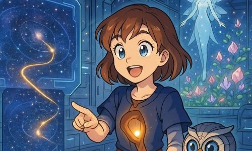 Die Protagonistin Livia, ein jugendliches Mädchen mit rundem Gesicht und leuchtenden Augen, staunendem, selbstbewusstem Ausdruck, hält einen leuchtenden hölzernen Zauberstab und zeigt mit einer Hand auf eine schwebende galaktische Karte; Zipp, eine kleine runde mechanische Eule mit silbernen Metallfedern und blauen Linsenaugen, schwebt neben ihr und betrachtet die Karte neugierig; Mira, eine erwachsene sternenwächterin in weiblicher Erscheinung, erscheint in der Ferne über dem Zentrum des Kristallgartens als durchscheinende Silhouette mit funkelnden Flügeln und lächelt wohlwollend; Schauplatz ist ein futuristisches Weltraumlabor mit glänzenden Paneelen, schwebenden Hologrammbildschirmen und Glasrohren sowie einer großen Panoramascheibe, die einen schwebenden Garten aus bunten Kristallblumen zeigt; Szene: Livia und Zipp entdecken auf der Karte eine goldene Lichtlinie, die einen Weg zum Kristallgarten zeichnet, warme Lichttöne kontrastieren mit dem kalten Metall des Labors; Farbstimmung: tiefes Blau, kosmisches Violett, Gold und Kristallrosa, weiches Licht, funkelnde Reflexe und kleine Partikel in der Luft; Manga-Stil mit klaren Linien, großen ausdrucksstarken Augen, leicht cartoonhaften Proportionen und sanfter, magischer Atmosphäre.