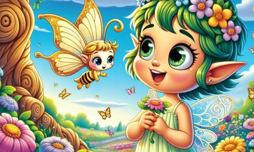 En un jardín mágico, un pequeño duende llamado Lúmina, con orejas puntiagudas y cabello verde brillante, sonríe alegremente mientras admira las coloridas flores a su alrededor. Sus ojos brillan de asombro y sostiene una pequeña flor en sus manos, como si descubriera un tesoro. A su lado, una mariposa dorada llamada Brillita, con alas brillantes y una cara amigable, vuela suavemente en el aire. Ella tiene una mirada alentadora y parece lista para guiar a Lúmina en sus reflexiones, flotando cerca de él con una expresión de sabiduría. El jardín está lleno de flores vibrantes, con mariposas revoloteando y árboles con troncos retorcidos que susurran secretos al viento. Un cielo azul claro, salpicado de nubes esponjosas, añade un toque de magia a este paisaje encantador. La escena principal muestra a Lúmina y Brillita compartiendo un momento de descubrimiento, donde Lúmina, maravillado, aprende a apreciar la belleza de su jardín mientras reflexiona sobre sus emociones, rodeado de la magia de la naturaleza.