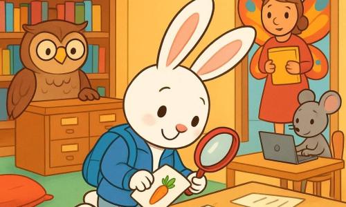 Lilo, un pequeño conejo blanco de largas orejas, está arrodillado junto a una gran mesa de madera, concentrado y sonriente, sosteniendo una factura con un dibujo de una zanahoria y una lupa roja; lleva una chaqueta y mochila azules, y su estuche abierto muestra un lápiz grueso y una pequeña libreta con pegatinas de zanahorias. La señora Búho, bibliotecaria redonda de plumas marrones y gafas, está a la izquierda con aire preocupado pero amable, apoyada en un mueble; la seño Mari, profesora-papillon de alas coloridas, está en la puerta con un cuaderno amarillo; Rita la ratita, una pequeña ratona gris, usa un ordenador al fondo y señala la mesa. Ambientación en el CDI: estanterías bajas con libros de lomos coloridos, alfombra verde, cojines rojos, lámpara en forma de luna y la mesa central con papeles y facturas. Escena principal: una investigación tierna donde Lilo encuentra una factura bajo la mesa, los adultos muestran alivio y complicidad; iluminación cálida, estilo vectorial simple y líneas claras para niños.