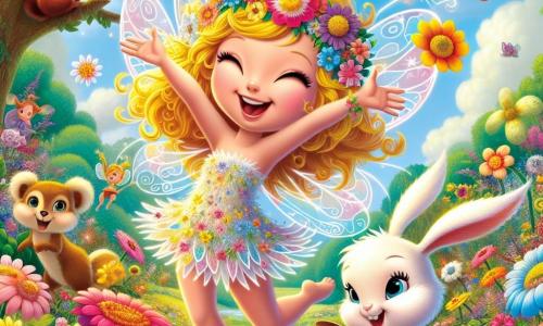Al centro dell'immagine, Lila, una piccola fata dai capelli dorati e ali scintillanti, danza gioiosamente tra fiori colorati, con un grande sorriso sul volto. Indossa un abito leggero fatto di petali di fiori ed è piena di energia e felicità. Alla sua destra, Bobo, un coniglietto bianco con grandi orecchie, guarda Lila con ammirazione, i suoi occhi brillano di gioia. Tiene una piccola pala di legno e sta scavando nel terreno per piantare fiori, sorridendo. Sullo sfondo, un piccolo scoiattolo marrone, con una coda folta, scala un albero, osservando la scena con curiosità. Sembra entusiasta e pronto ad aiutare, tenendo un rametto tra le zampe. Il decor è un giardino incantato, pieno di fiori vivaci, farfalle che svolazzano nell'aria e alberi maestosi. Il cielo è blu brillante, punteggiato di nuvole bianche e soffici. La scena principale mostra Lila e i suoi amici mentre preparano il giardino per la primavera, piantando fiori e divertendosi insieme, creando un'atmosfera di gioia e amicizia.