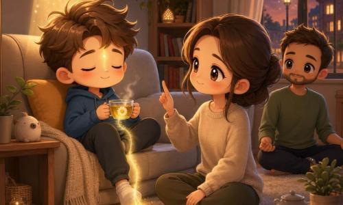 Un ragazzo di 12 anni in stile chibi, ciuffo castano, viso rotondo e occhi chiusi con un lieve sorriso rilassato, seduto sul divano a tenere una piccola tazza di camomilla; luce soffusa riflessa sulle guance. Una madre chibi con capelli lunghi legati, espressione calda e rasserenante, seduta sul tappeto accanto, mano alzata a guidare la respirazione immaginaria, sguardo sul ragazzo. Un padre chibi con capelli corti e leggera barba, sorriso Tenero, seduto per terra dietro il tappeto in una posizione yoga semplice, vicino ma leggermente in disparte. Una lampada con paralume crema su un tavolino, luce calda giallo-arancione che scende sul ragazzo come una piccola barca luminosa; il globo della lampada leggermente scintillante. Il salotto è accogliente e ovattato: tappeto morbido crema, libreria bassa con libri colorati, tavolino in legno chiaro, finestra con lampioni e cielo crepuscolare; piccoli oggetti disposti con delicatezza. La scena mostra un momento serale calmo e intimo: la famiglia pratica un esercizio di respirazione guidata, la luce sembra viaggiare dalla fronte ai piedi del ragazzo come una barca, tutto è pacifico con colori caldi e contrasti morbidi, atmosfera zen e rassicurante.