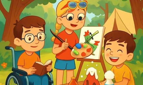 Hay 3 personajes: Mateo, un niño de 10 años con cabello castaño y gafas, está sentado en una silla de ruedas sonriendo y sosteniendo un pequeño cuaderno; Carla, una niña de 9 años con trenzas rubias y gafas de sol coloridas, está de pie al lado de Mateo con pinceles y una paleta de pintura, lista para crear arte; y Lucas, un niño de 10 años con cabello castaño y una camiseta de estampados, está agachado frente a una mesa rodeado de botellas de vinagre y bicarbonato de sodio, preparando un volcán en erupción. El lugar es un hermoso campamento de verano en el corazón de un bosque verde, con árboles majestuosos y una clara soleada. En el centro, hay una gran mesa de madera cubierta de suministros artísticos y científicos. La situación principal muestra a Mateo, Carla y Lucas en plena actividad creativa: Carla pinta un dragón colorido, mientras Lucas, con una gran sonrisa, hace explotar su volcán casero, creando una erupción de burbujas blancas y espumosas, y Mateo escribe cada momento en su cuaderno, capturando la alegría y la amistad que los une.