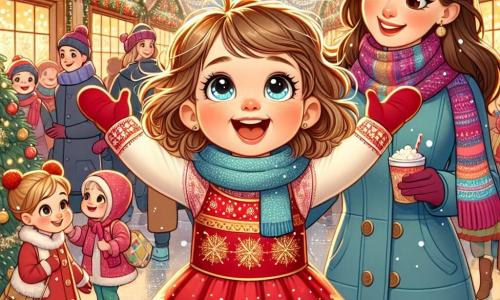 Una bambina di 1 anno, di nome Luna, con grandi occhi brillanti e capelli ricci castani, si trova al centro della scena, con le braccia alzate e un grande sorriso sul volto, esprimendo gioia ed eccitazione per il Natale. Indossa un bel vestito rosso con motivi di fiocchi di neve. Accanto a lei, sua madre, una donna di circa 30 anni, con capelli lunghi e lisci, indossando un cappotto invernale blu e una sciarpa colorata, la guarda con tenerezza, pronta ad abbracciarla. Sullo sfondo, un vivace mercatino di Natale, pieno di stand decorati con luci scintillanti, alberi di Natale ornati con palline colorate e fiocchi di neve che cadono dolcemente dal cielo. Persone sorridenti si muovono, tenendo tazze di cioccolata calda e sacchetti di regali. La scena principale mostra Luna, incantata dalle luci e dalle decorazioni, mentre cerca sua madre nella folla gioiosa, piena di magia e calore festivo.