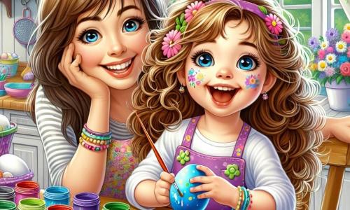 Una niña de 4 años, Clara, con grandes ojos brillantes y cabello rizado castaño, está sentada a una mesa de madera, sonriente y entusiasta. Sostiene un pincel colorido en la mano y pinta un huevo de Pascua de azul, con manchas de pintura en sus mejillas. A su lado, su mamá, una mujer de unos treinta años con cabello largo y liso, lleva un delantal colorido y la anima con una sonrisa cálida, inclinándose hacia adelante mientras decora un huevo de Pascua verde. La escena tiene lugar en una cocina luminosa, llena de luz natural que entra por una ventana con cortinas floreadas. En la mesa hay frascos de pintura de todos los colores, pinceles esparcidos y huevos blancos listos para ser decorados. Clara y su mamá están inmersas en la alegre actividad de pintar huevos de Pascua, creando una atmósfera de felicidad y creatividad, llena de colores vivos y risas.