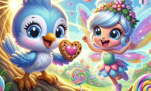 Benny, a small blue bird with shimmering feathers, is perched on a branch of a large oak tree, with sparkling eyes and a radiant smile, holding a delicious heart-shaped cookie in his beak. Next to him, Lily, the lollipop fairy, has colorful wings that shine like candy and is joyfully laughing while holding a basket filled with colorful lollipops, her eyes bright with excitement. The scene takes place in the Glimmering Garden, an enchanting garden filled with vibrant flowers, fluttering butterflies, and sunlight filtering through the leaves, creating a magical and joyful atmosphere. Benny and Lily are getting ready to exchange their Valentine's surprises, surrounded by a festive and warm ambiance, symbolizing friendship and the joy of sharing special moments together.